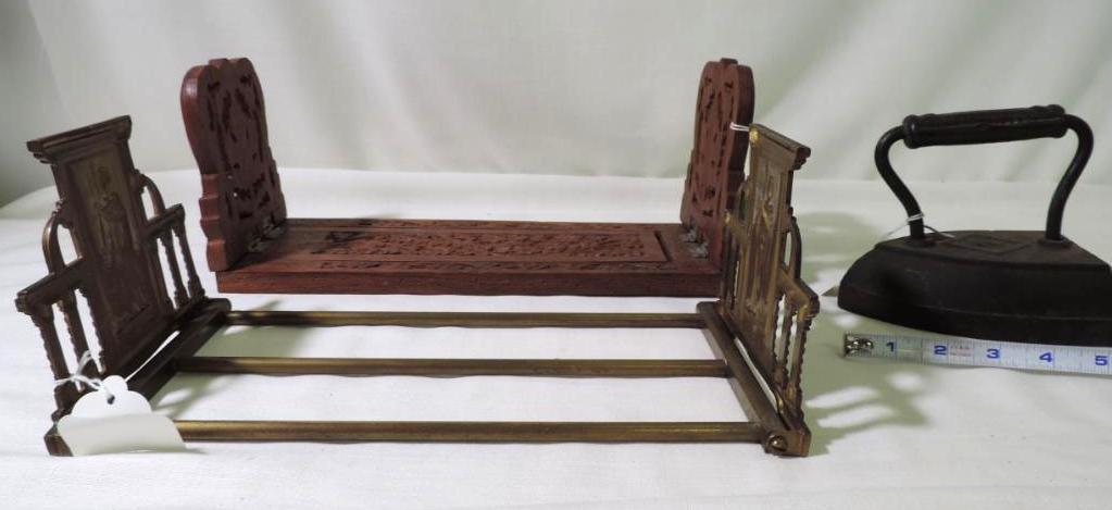 Antique latin brass sliding book end set, Carved wooden sliding book end set and iron.