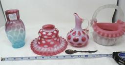 Art Glass vase, lamp shade, opalescent cranberry pitcher and mother of pearl brides basket.