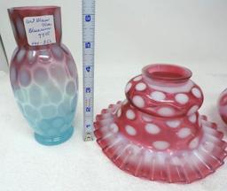 Art Glass vase, lamp shade, opalescent cranberry pitcher and mother of pearl brides basket.