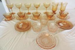 23 pieces of Cambridge honey amberetched glass and 4 pieces of pink glassware.
