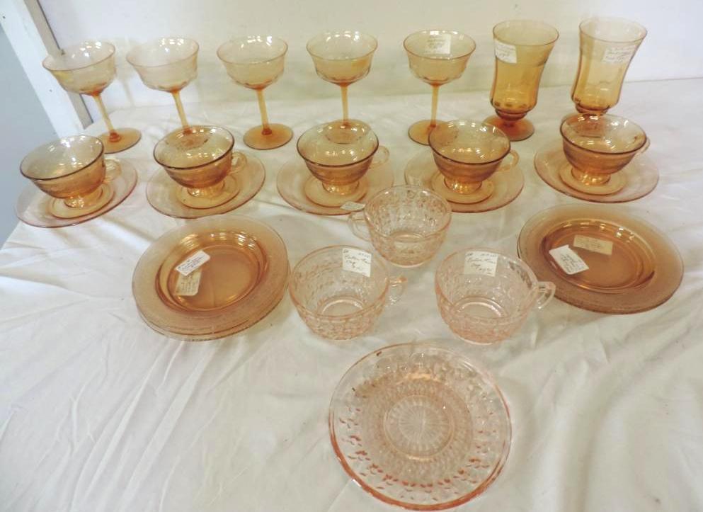 23 pieces of Cambridge honey amberetched glass and 4 pieces of pink glassware.