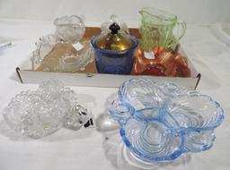 6" carnival glass candy dish, cute 5" green depression pitcher and more.