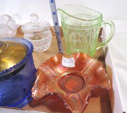 6" carnival glass candy dish, cute 5" green depression pitcher and more.