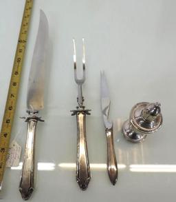 3 sterling handled knives and forks and weighted sterling salt shaker.