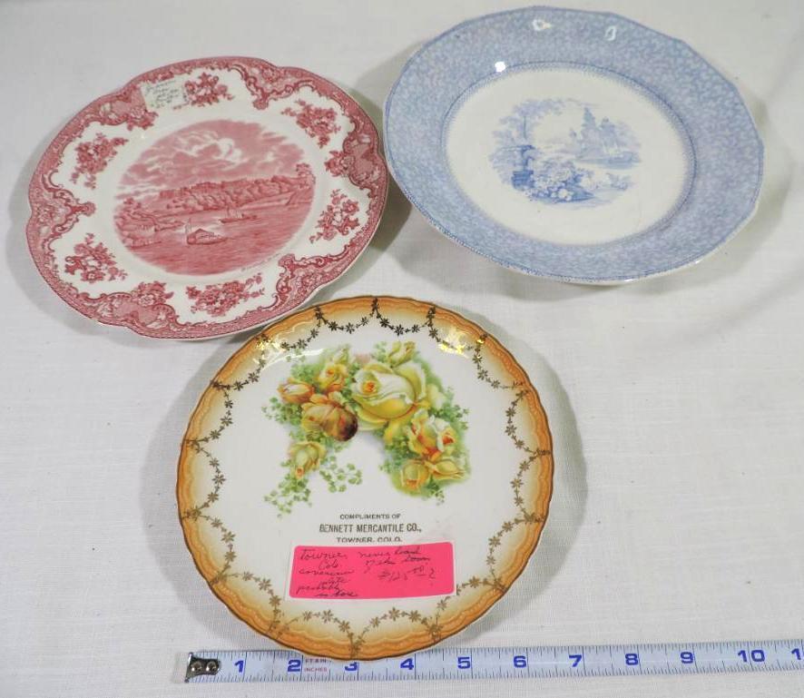 Bennett Mercantile Co Towner Colorado vintage plate and 2 transferware plates.