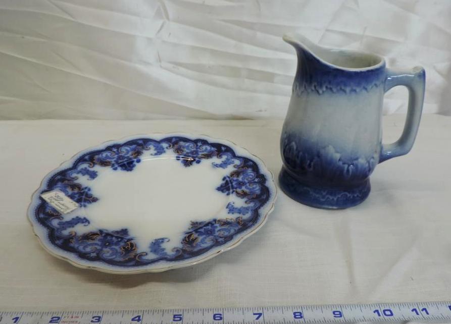 Johnson Brothers Flo blue 9" plate and unmarked flo blue pitcher.