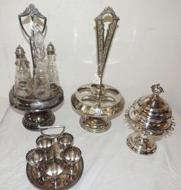 Cruet set and silverplate lot.