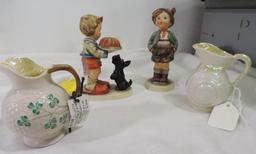 Hummel "Begging his share" figurine and 2 pieces of Beleek in good condition.