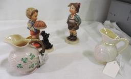 Hummel "Begging his share" figurine and 2 pieces of Beleek in good condition.