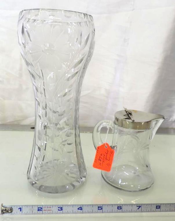 10" cut glass vase and 4.5" Heisey syrup pitcher both are good condition.