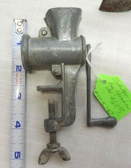 Adorable salesman sample size 5" meat grinder and vintage kitchenware lot.