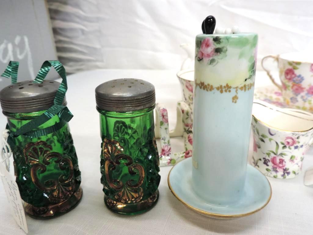 5" Royal Daulton pitcher, cut glass salt and pepper, pen holder and more.