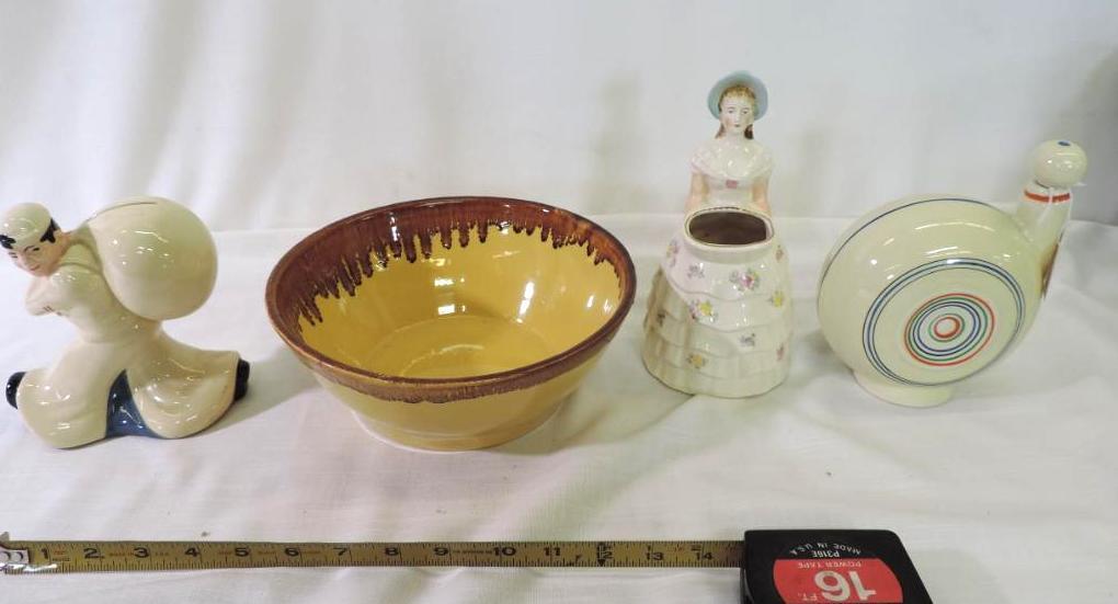 Watt Orchard ware mixing bowl, Seaman's bank, unmarked 1950's water bottle and S.T marked vase.