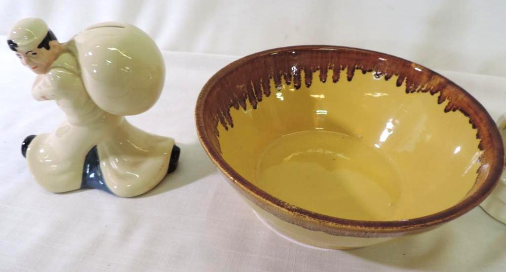 Watt Orchard ware mixing bowl, Seaman's bank, unmarked 1950's water bottle and S.T marked vase.