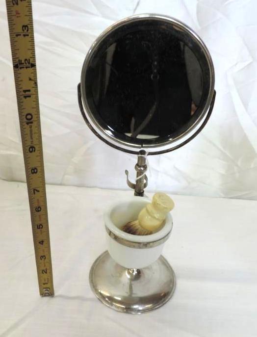 14" vintage shaving mirror with milk glass insert and pure badger brush.