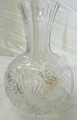 8.5" early cut glass decanter with 4 cut glass wine glasses.