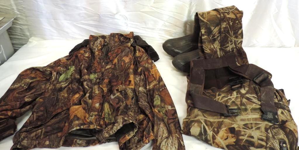 Cabela's XXL advantage timber camo jacket in good condition and Ducks unlimited XXL waders.