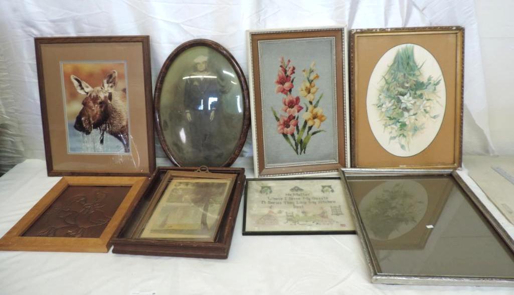 8 piece artwork and early picture frames lot.