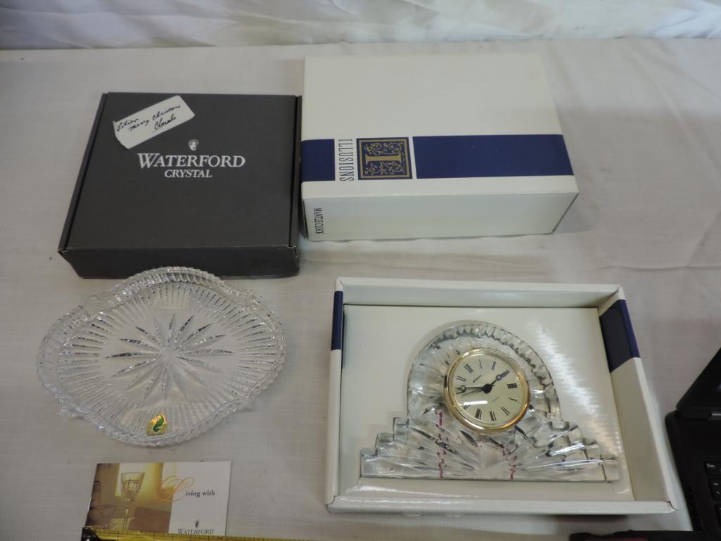 Eight inch Waterford crystal accent dish and Illusions crystal clock.