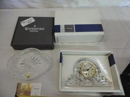 Eight inch Waterford crystal accent dish and Illusions crystal clock.
