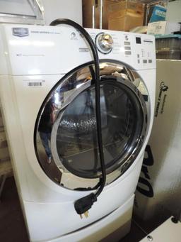 Maytag 5000 series dryer with steam and pedistals.