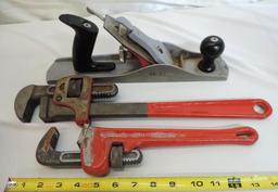 Two pipe wrenches and Miller falls 814B wood plane.
