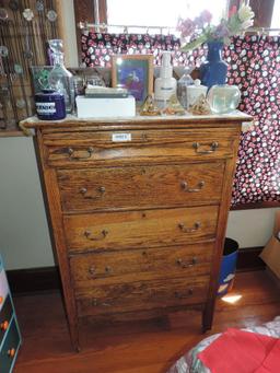 Antique oak 5 drawer dresser with contents.