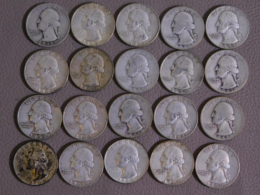 Twenty Pre 1965 Washington quarters