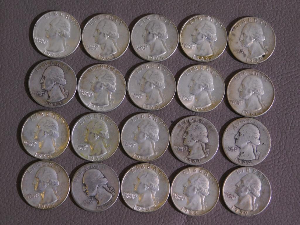 Twenty Pre 1965 Washington quarters