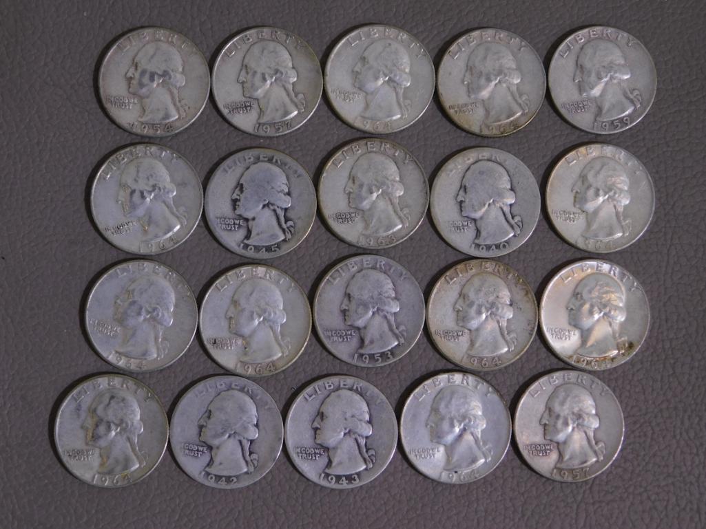 Twenty Pre 1965 Washington quarters