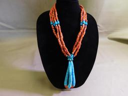 Amazing red coral and turquoise heishe style necklace