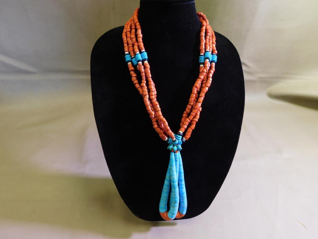 Amazing red coral and turquoise heishe style necklace