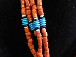 Amazing red coral and turquoise heishe style necklace