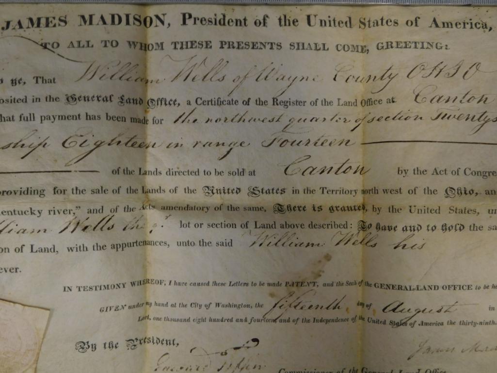1814 James Madison Presidential signed land office deed