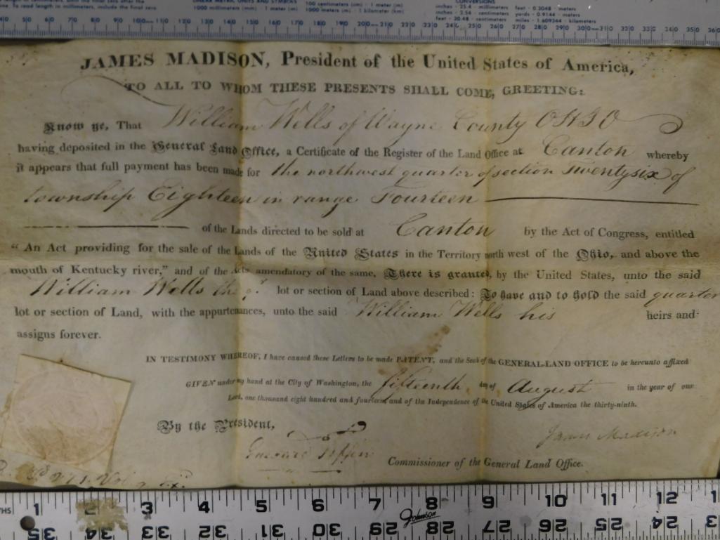 1814 James Madison Presidential signed land office deed