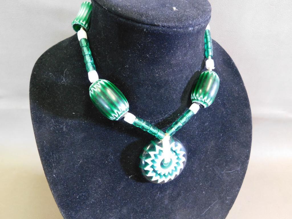 Rick Rice green art glass chevron trade bead necklace