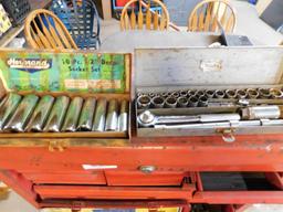 Red toolbox with hand tools