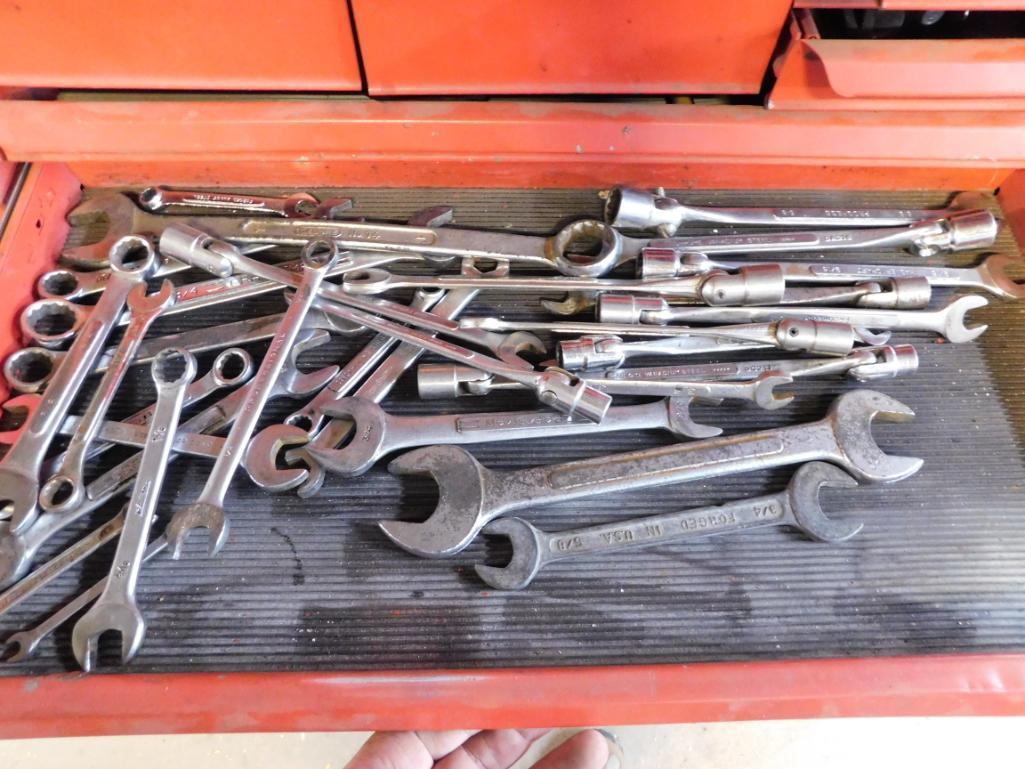 Red toolbox with hand tools