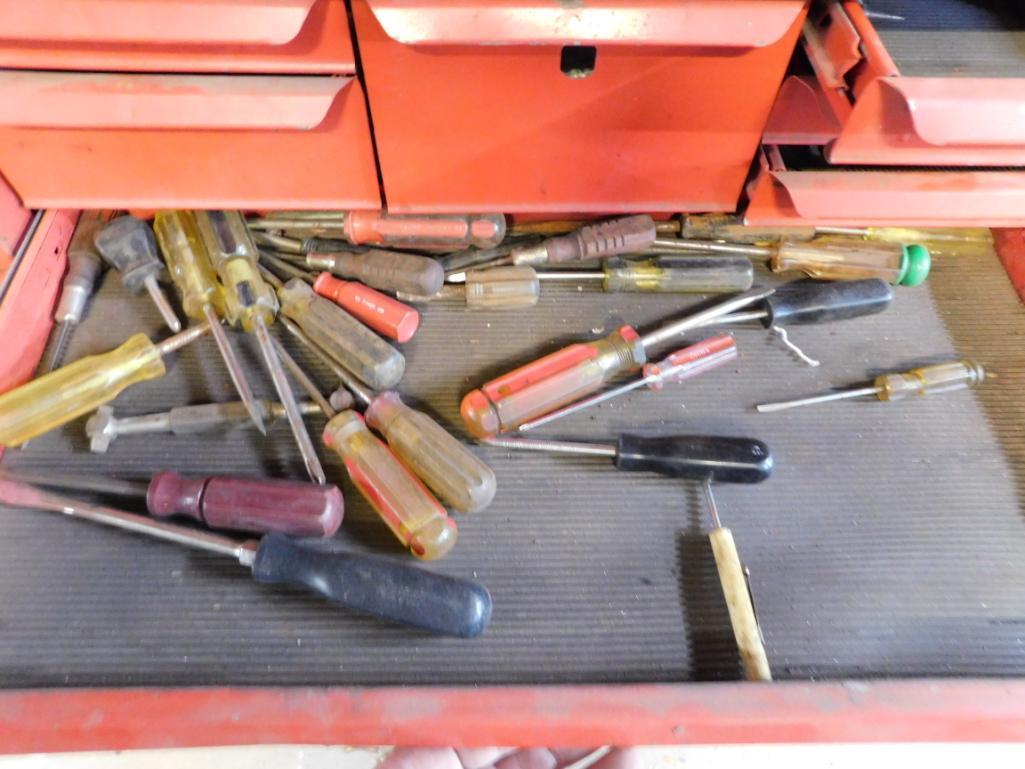 Red toolbox with hand tools