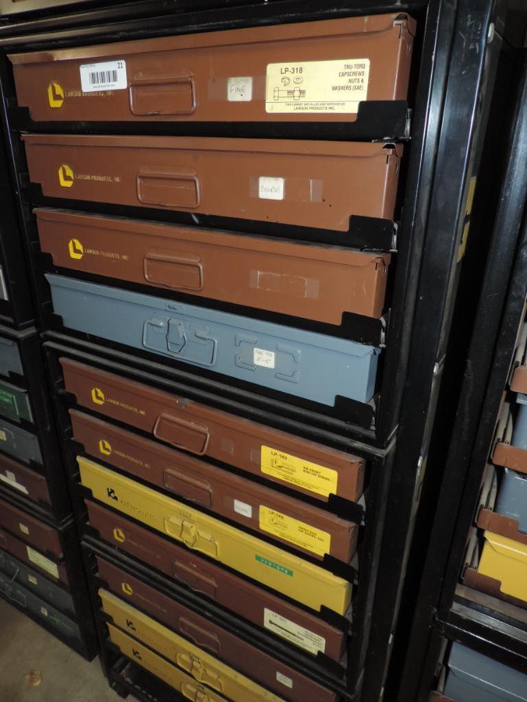 Three four drawer hardware cabinets with 11 hardware boxes.