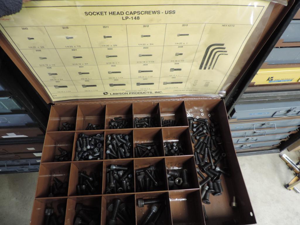 Three four drawer hardware cabinets with 11 hardware boxes.