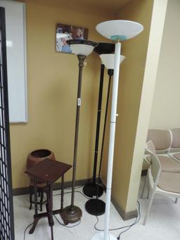 Four metal floor lamps, two plantstands and a 11x12" planter.