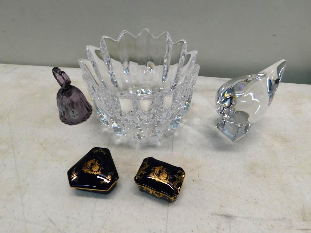 Orefores 6" vase, FM pill containers, 3.5" Fenton bell and FM china pill containers.