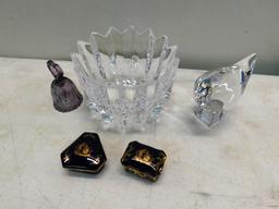 Orefores 6" vase, FM pill containers, 3.5" Fenton bell and FM china pill containers.