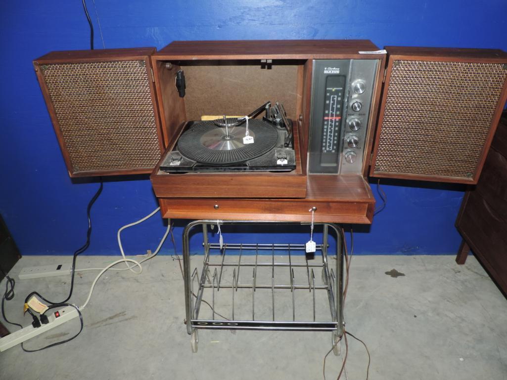 Beautiful mid century table top record player stereo with stand.