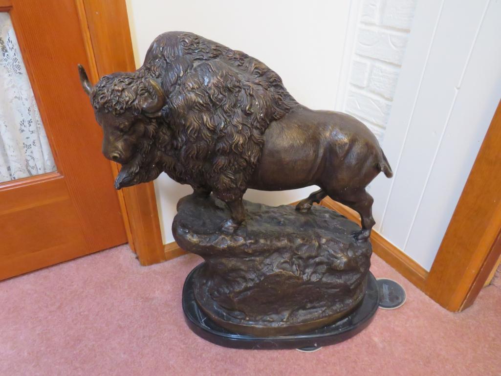 Cast Bronze North American Buffalo Statue With Marble Base.