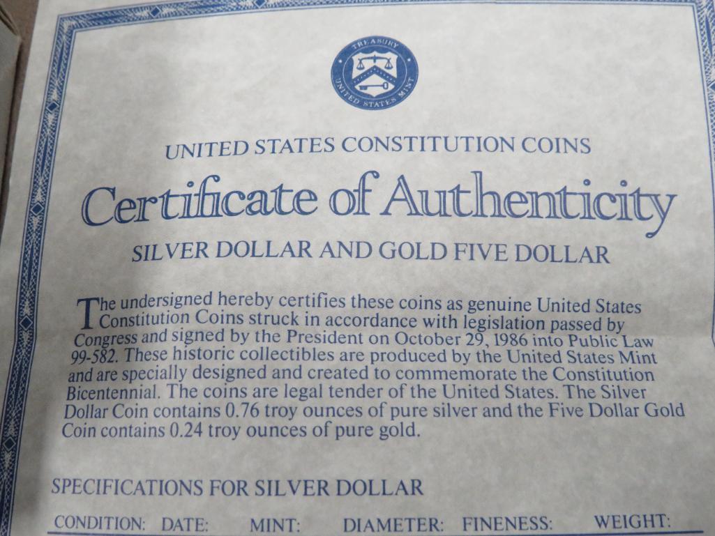 1987 US Silver Dollar and Gold Five Dollar Constitution Coin Set
