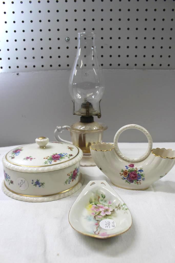 Antique Floral Ceramics and Oil Lamp