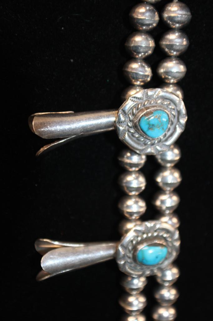 Unmarked Silver and Turquoise Squash Blossom Necklace