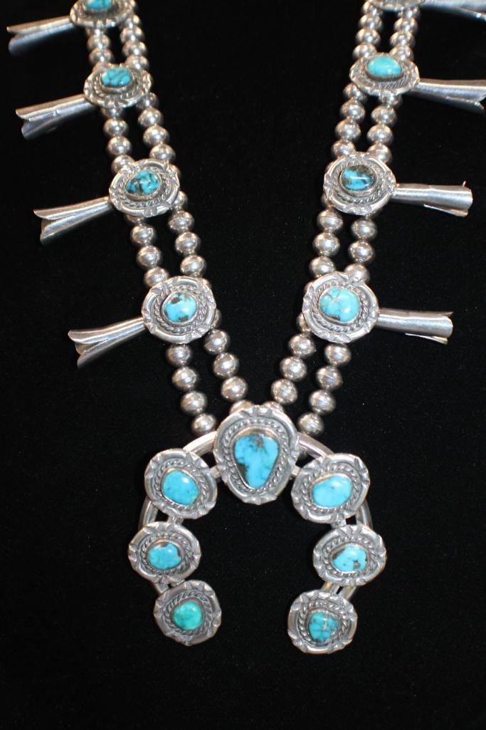 Unmarked Silver and Turquoise Squash Blossom Necklace